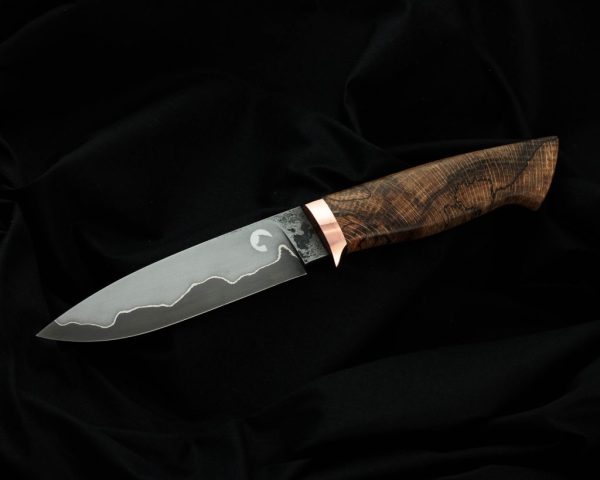 san mai blade with St3 sides, nickel and HVG (O1) core, stabilized wood handle and leather sheath