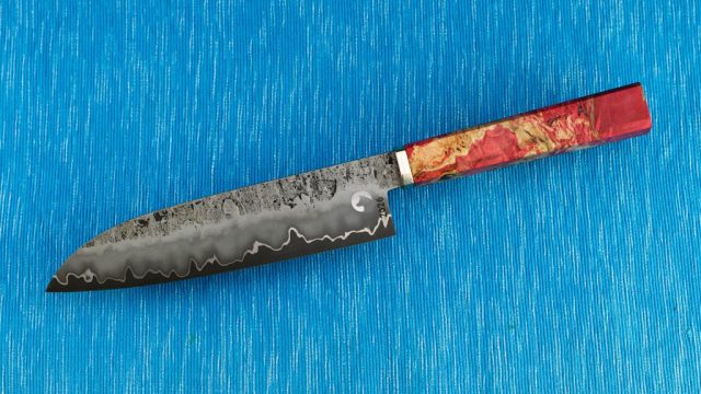 170/40/3mm blade, san mai with st3 cladding, nickel and HVG (O1) core, mokume gane guard and stabilized maple wood wa handle