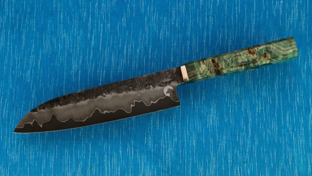 170/40/3mm blade, san mai with st3 cladding, nickel and HVG (O1) core, mokume gane guard and stabilized maple wood wa handle