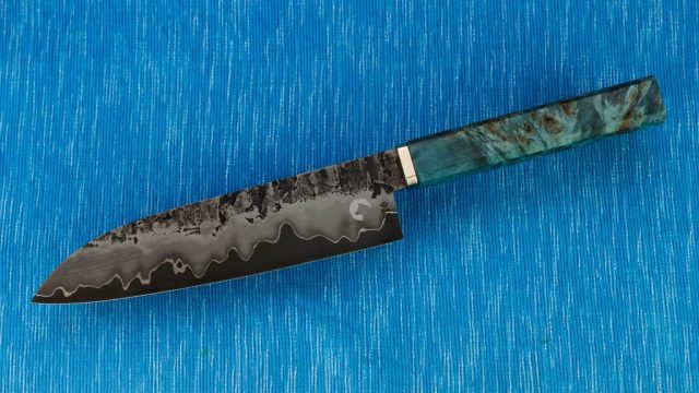 170/40/3mm blade, san mai with st3 cladding, nickel and HVG (O1) core, mokume gane guard and stabilized maple wood wa handle