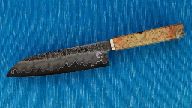170/40/3mm blade, san mai with st3 cladding, nickel and HVG (O1) core, mokume gane guard and stabilized maple wood wa handle
